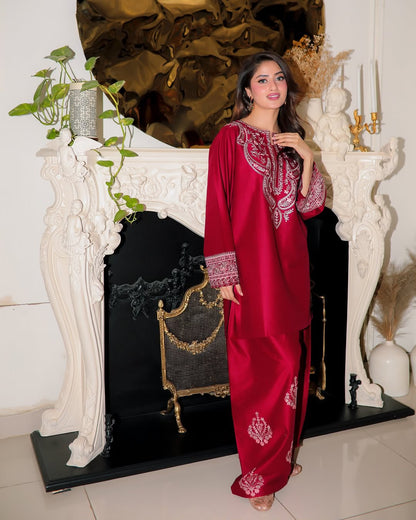 Embroidered Silk 2-Piece – Red