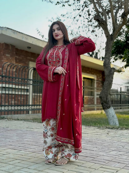 ANEELA'S 3-Piece Embroidered Dhanak Suit – Red
