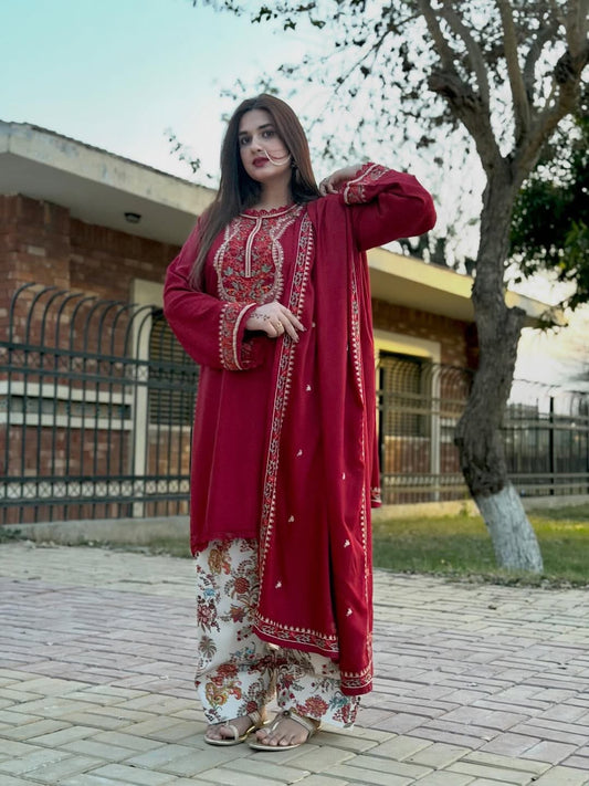 ANEELA'S 3-Piece Embroidered Dhanak Suit – Red