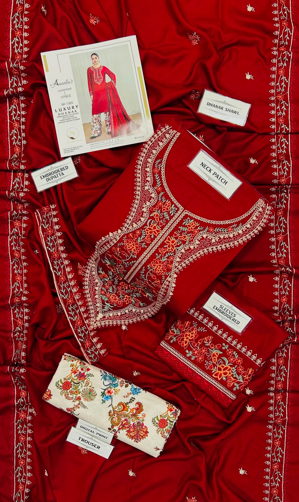 ANEELA'S 3-Piece Embroidered Dhanak Suit – Red