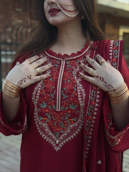ANEELA'S 3-Piece Embroidered Dhanak Suit – Red