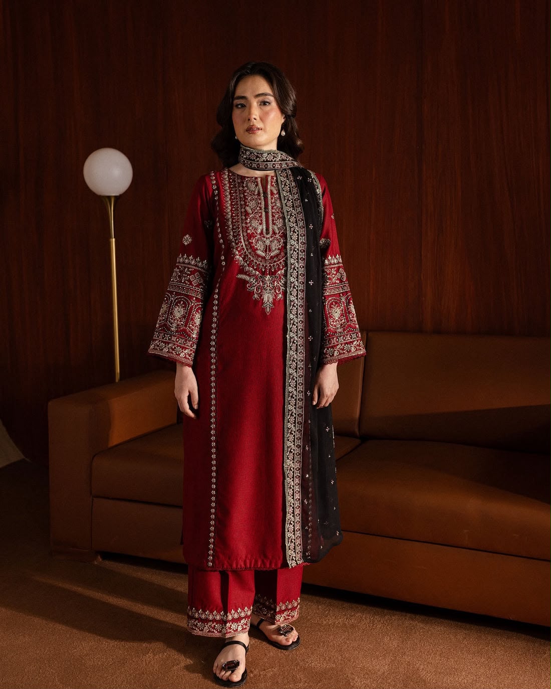 BATIK 3-Piece Embroidered Dhanak Suit – Maroon