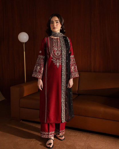 BATIK 3-Piece Embroidered Dhanak Suit – Maroon