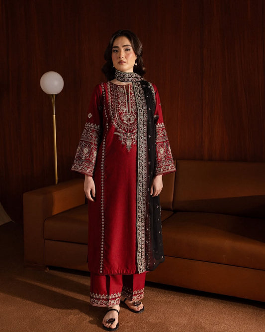 BATIK 3-Piece Embroidered Dhanak Suit – Maroon