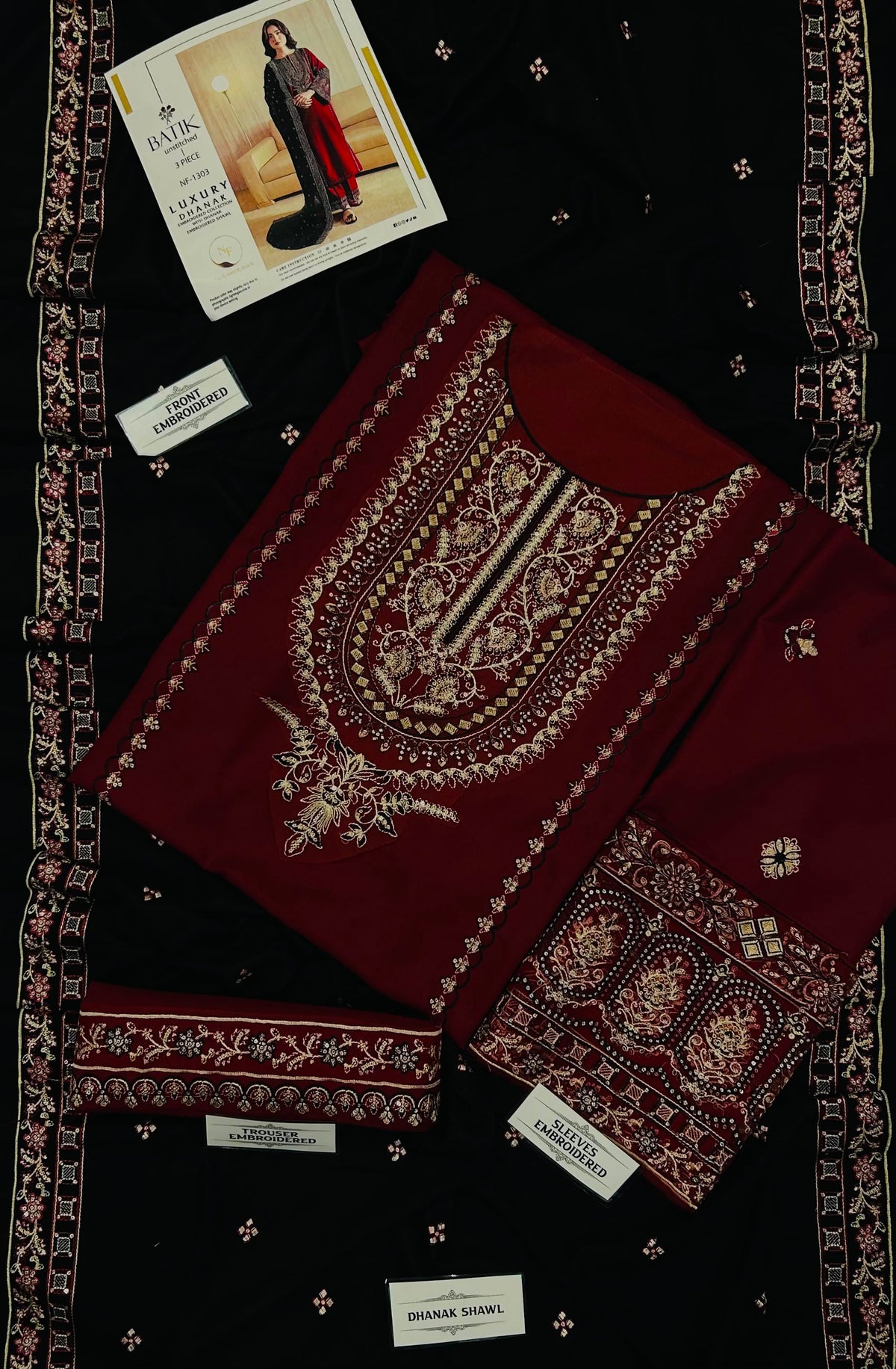 BATIK 3-Piece Embroidered Dhanak Suit – Maroon