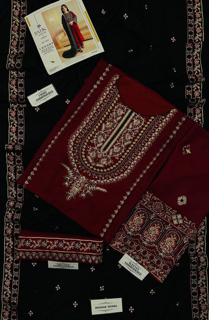 BATIK 3-Piece Embroidered Dhanak Suit – Maroon