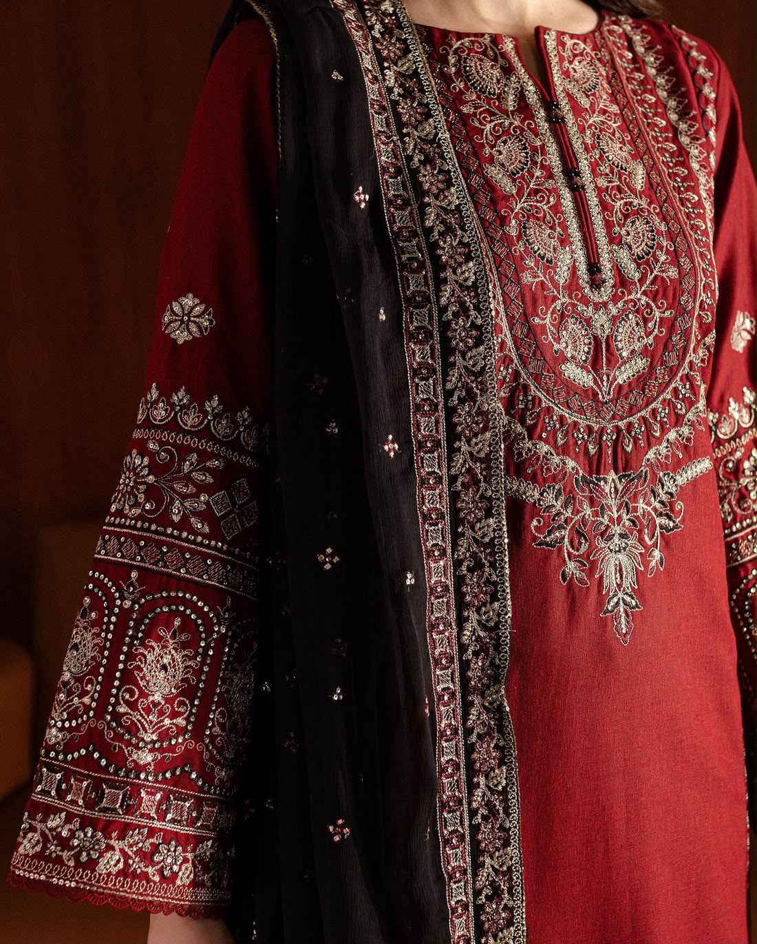 BATIK 3-Piece Embroidered Dhanak Suit – Maroon