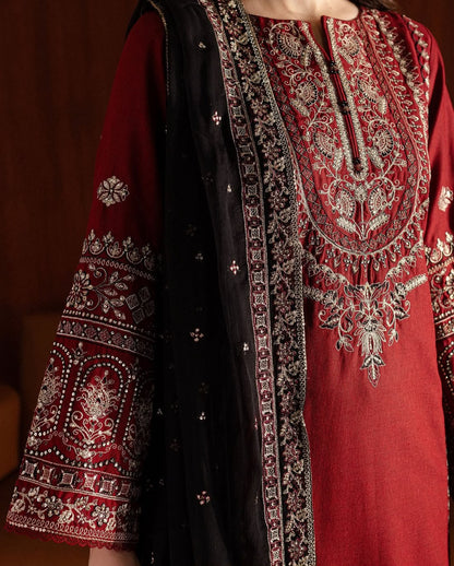 BATIK 3-Piece Embroidered Dhanak Suit – Maroon