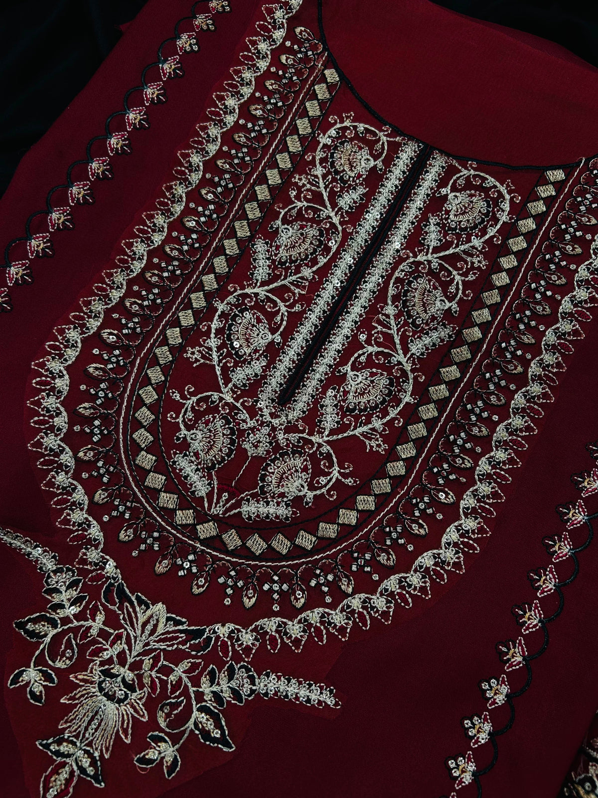 BATIK 3-Piece Embroidered Dhanak Suit – Maroon