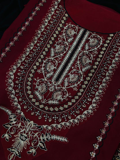 BATIK 3-Piece Embroidered Dhanak Suit – Maroon
