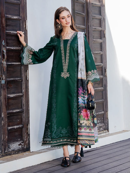 IZEL 3-Piece Embroidered Dhanak Suit – Bottle Green