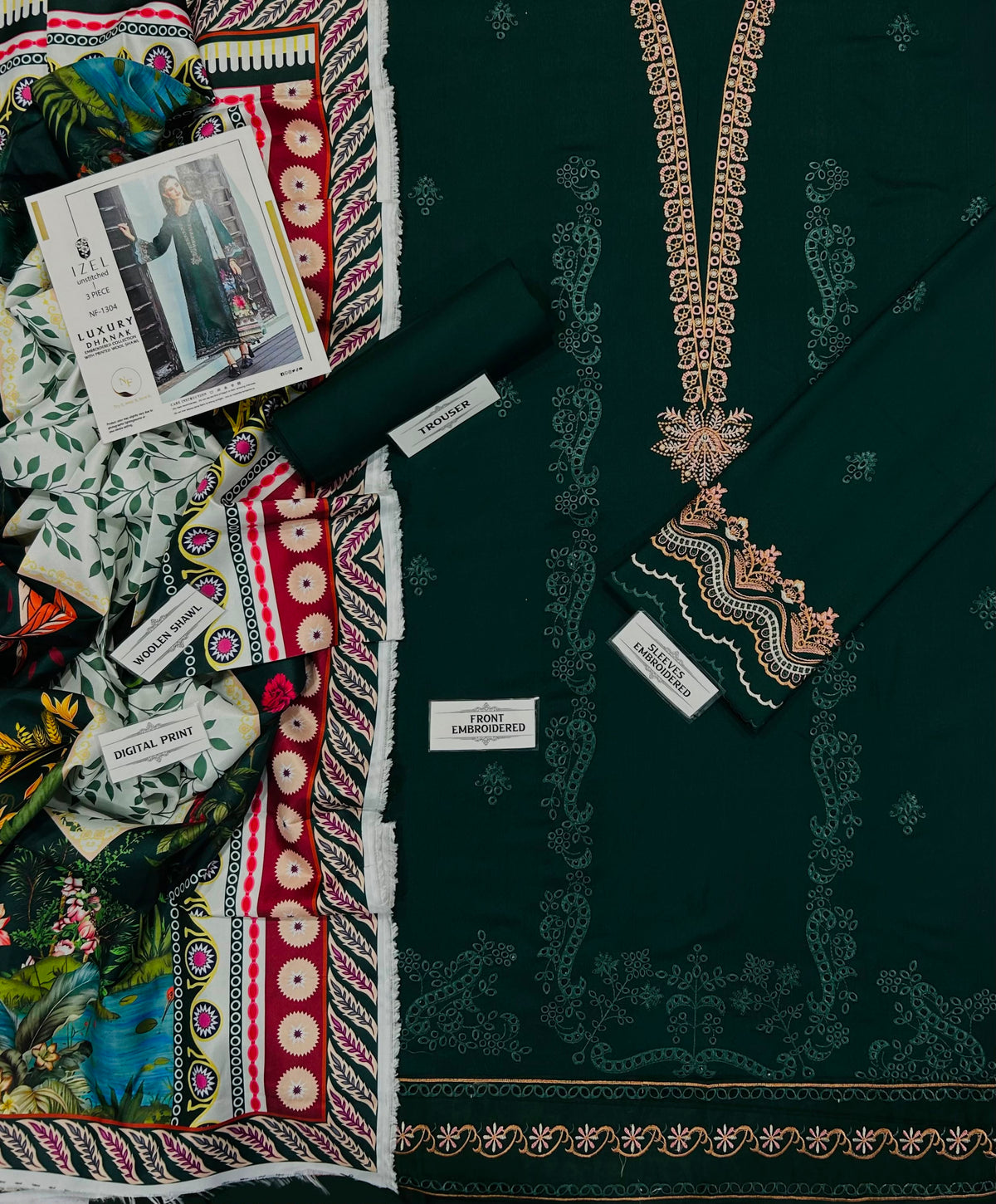IZEL 3-Piece Embroidered Dhanak Suit – Bottle Green