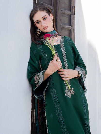 IZEL 3-Piece Embroidered Dhanak Suit – Bottle Green