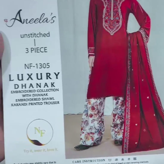 ANEELA'S 3-Piece Embroidered Dhanak Suit – Red
