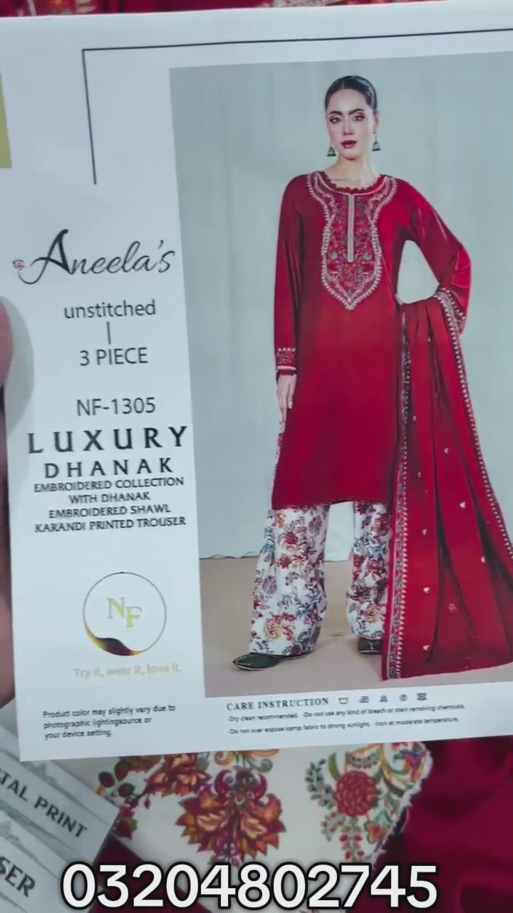 ANEELA'S 3-Piece Embroidered Dhanak Suit – Red
