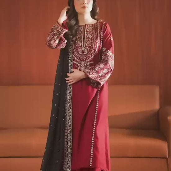 BATIK 3-Piece Embroidered Dhanak Suit – Maroon