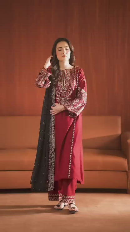 BATIK 3-Piece Embroidered Dhanak Suit – Maroon