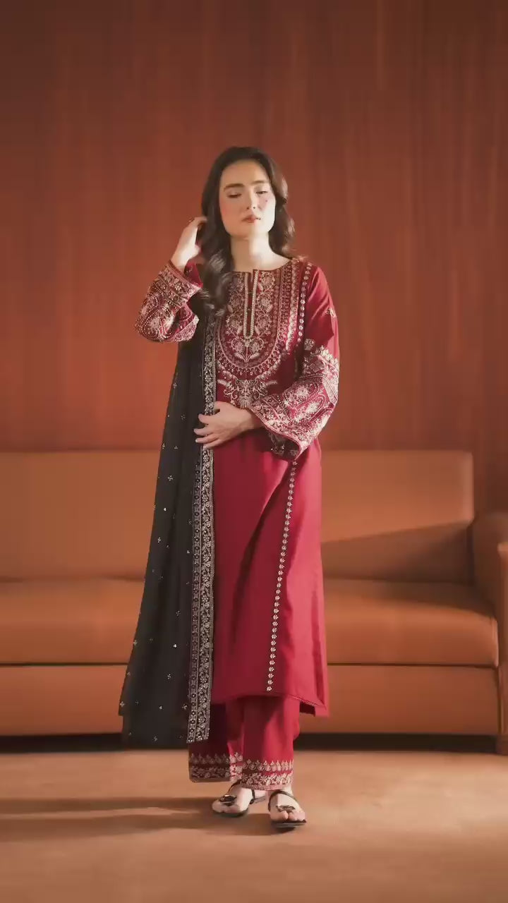 BATIK 3-Piece Embroidered Dhanak Suit – Maroon